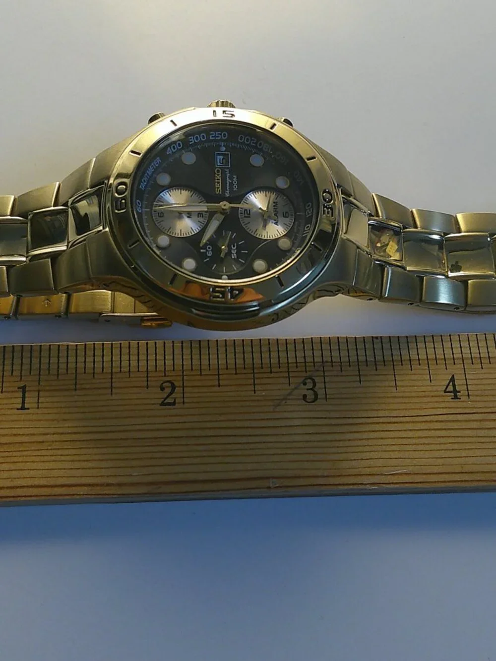 Seiko Chronograph Watch | Gold-Tone | Black Dial | Alarm Function | 100M Water